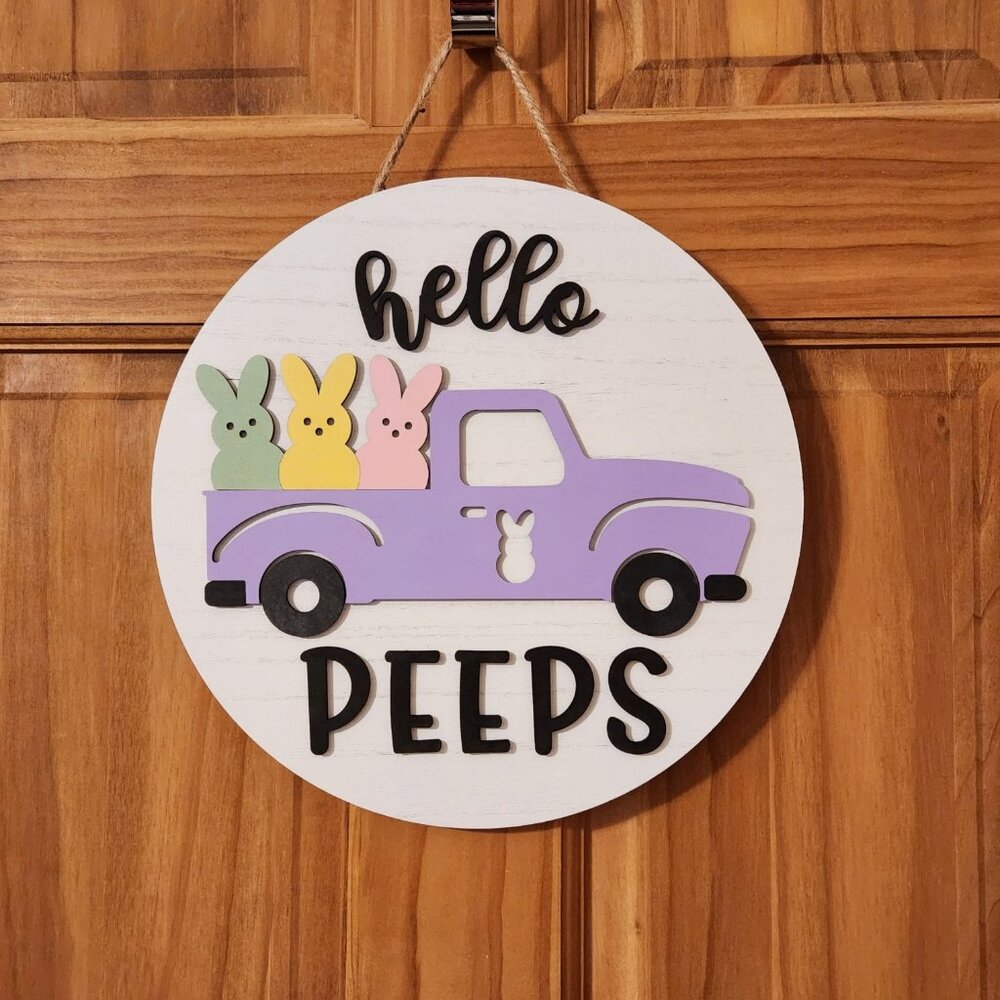 Hello Peeps Wooden Sign, Easter, Spring, Wood Round Sign, Wood Sign, Laser Cut